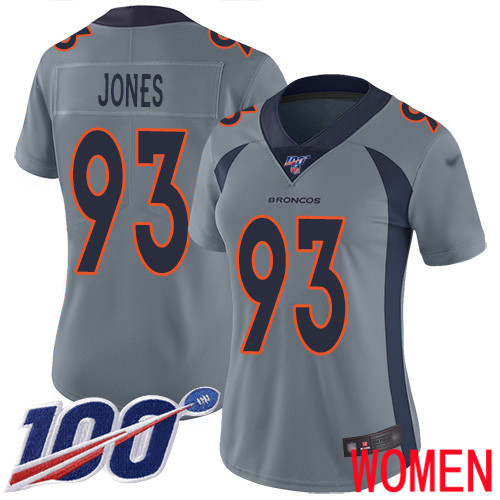 Women Denver Broncos #93 Dre Mont Jones Limited Silver Inverted Legend 100th Season Football NFL Jersey